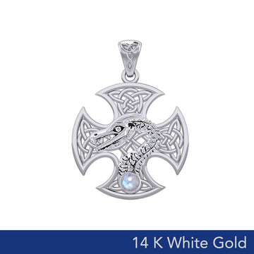 Dragon with Celtic Cross 14K White Gold Pendant WPD5818 - Jewelry